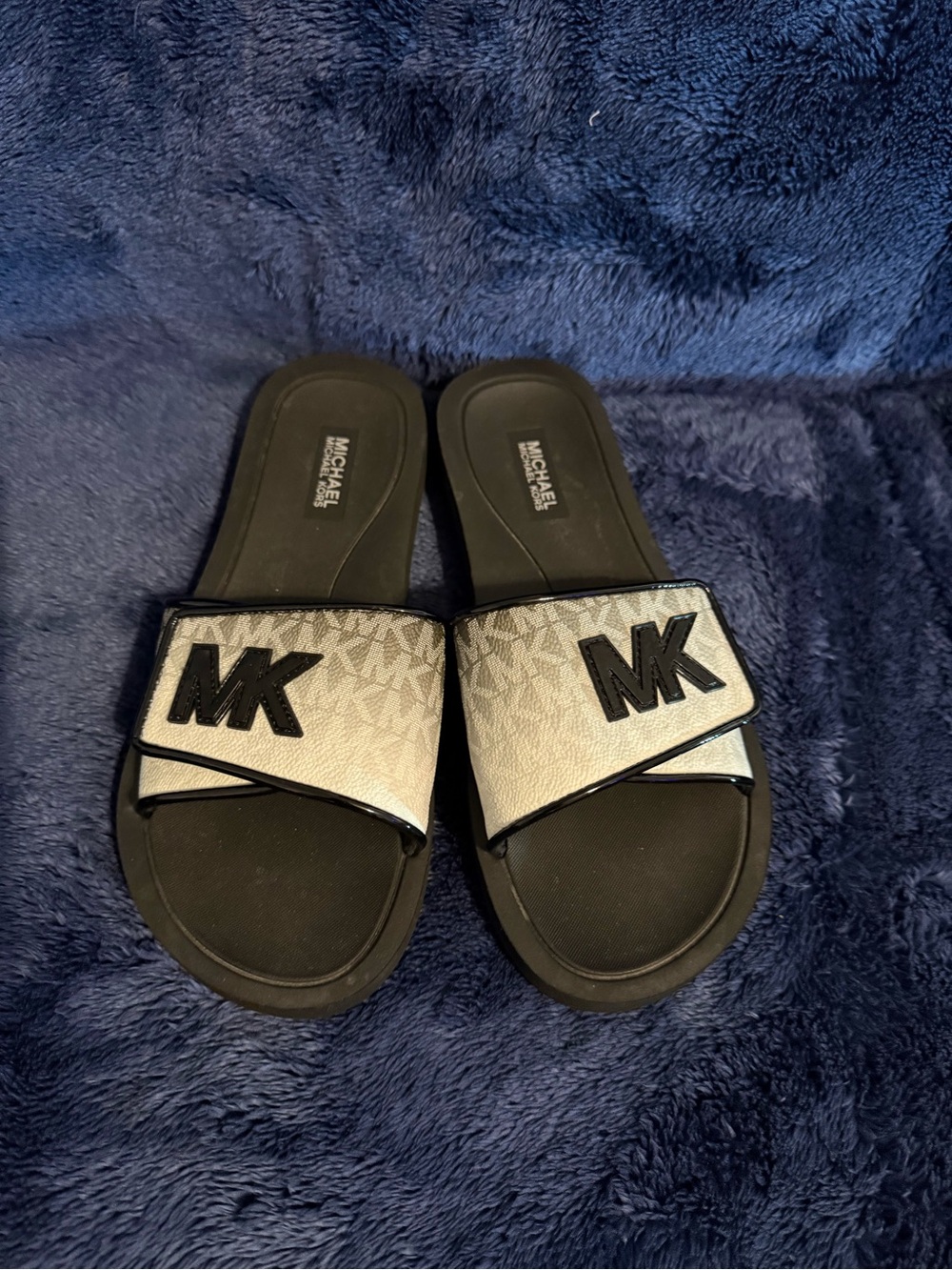 MICHAEL Michael Kors Black and Silver MK Slide Sandals